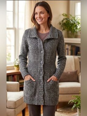 Merona Women’s Long Line Charcoal Wool Blend Button- Up Cardigan Sweater -large